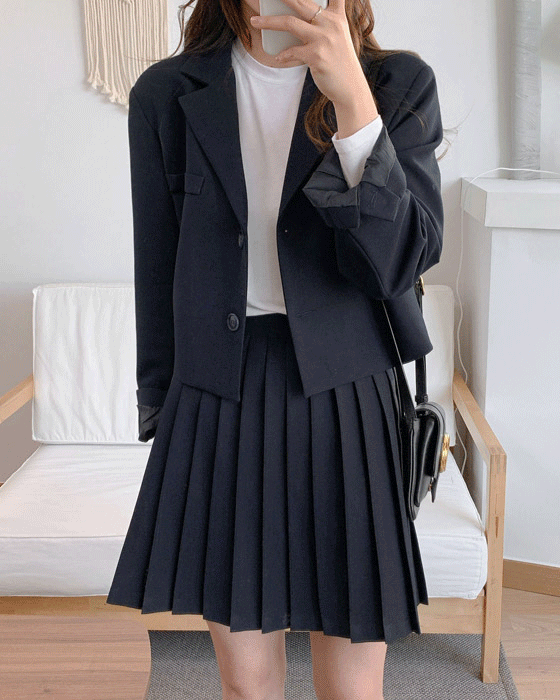 슬로우 크롭 jacket, 플리츠 skirt set - 2color